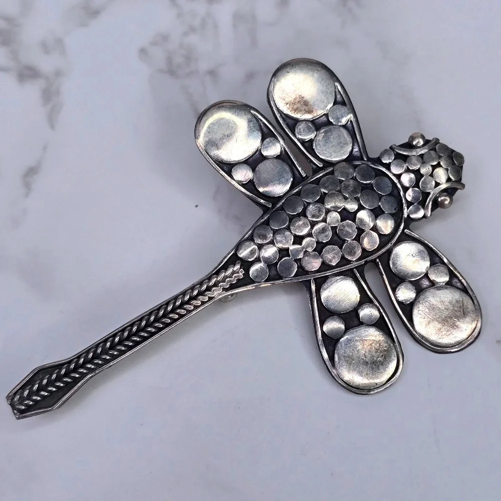 Vintage 925 Sterling Silver Dragonfly Brooch Pin Applied Dot Artisan Insect 7.1g